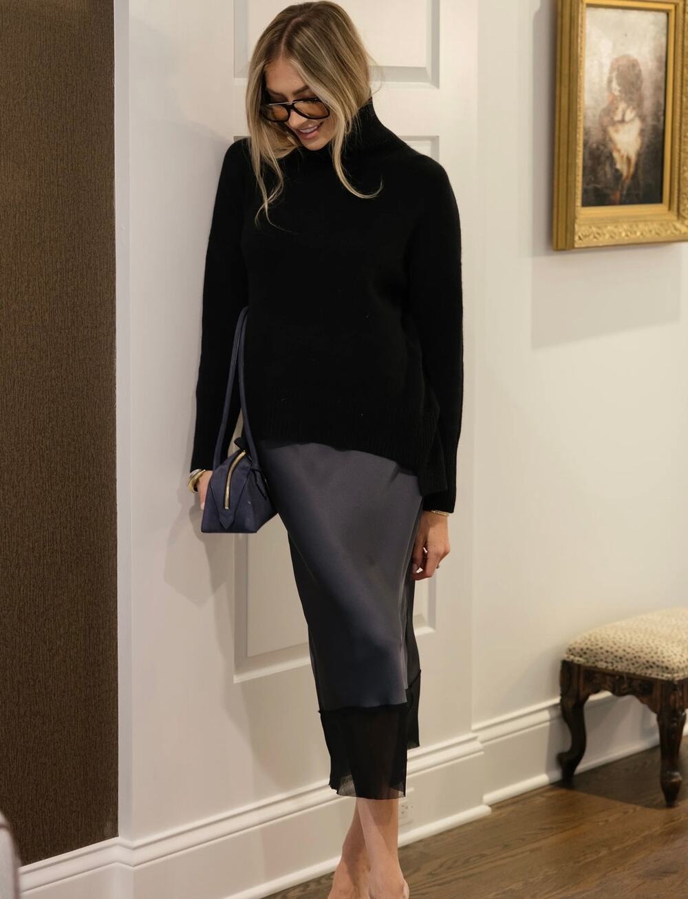 New few Moda Hannah chody Milano satin dark gray skirt size XL